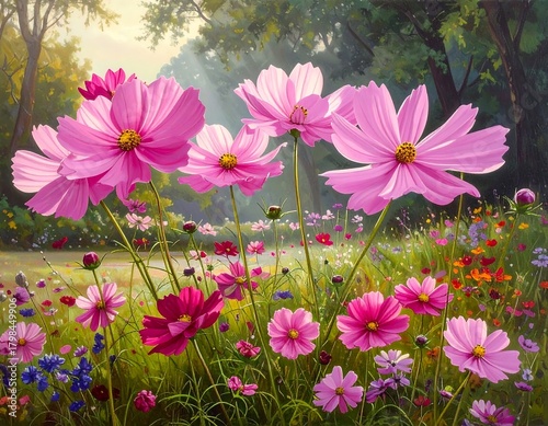 Fototapeta Naklejka Na Ścianę i Meble -  Pink cosmos in a sunlit meadow
