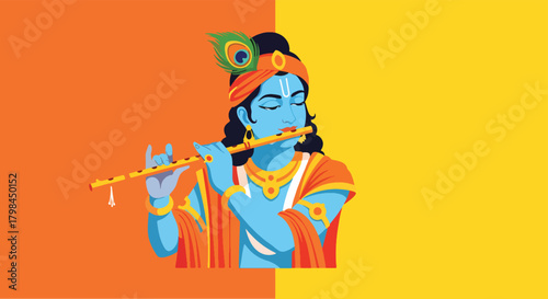Lord Krishna plays flute in vibrant Hindu artwork, symbolizing devotion and spiritual harmony in a colorful and serene composition.