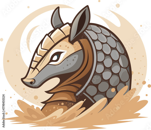 Dynamic illustration of a spirited armadillo actively digging in earth, showcasing its unique armored shell and determined nature