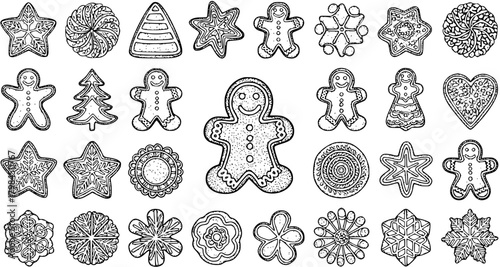 Detailed collection of Christmas gingerbread cookies and festive treats, hand-drawn in vintage engraving style, perfect for holiday season design and coloring pages.