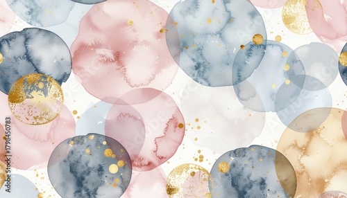 Abstract Watercolor Circles with Gold Splatter Seamless Pattern.