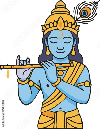 Hindu god krishna playing flute in serene temple with peacock feather crown and yellow clothing, radiating divine peace and spiritual harmony.