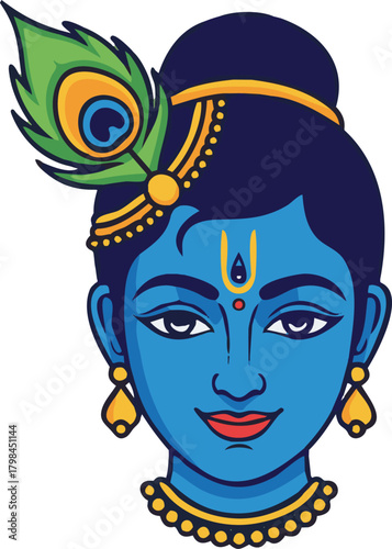 Lord Krishna smiling serenely with peacock feather adorning his head, radiating divine peace and spiritual enlightenment in a vibrant portrayal of Hindu deity.