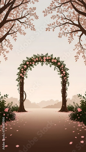 Beautiful Wedding Arch with Pink Flowers and Greenery in a Serene Outdoor Setting.