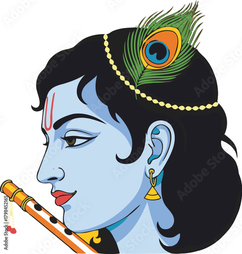 Lord Krishna playing flute in serene Vrindavan forest, radiating divine love and musical bliss, symbolizing devotion and spiritual harmony.