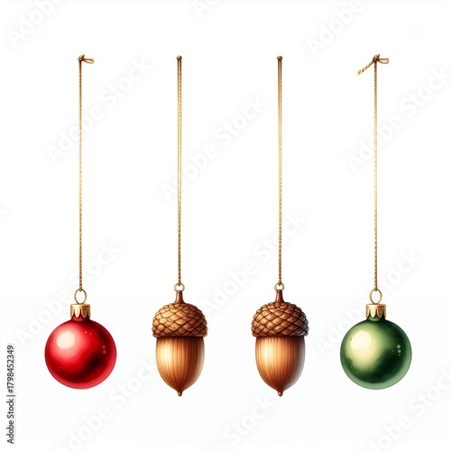 Christmas Ornaments and Acorns Hanging on Strings, Festive Holiday Decorations Isolated on White Background.