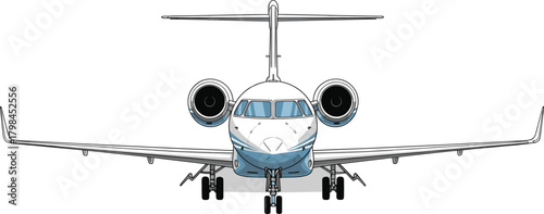Front view of modern private jet airplane, luxury business aircraft illustration, aviation technology, corporate travel and air transport concept