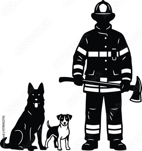 Firefighter silhouette, rescue dogs, black and white art, protective gear, hero scene, canine partners, emergency response, teamwork, loyalty, safety, service tribute