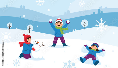 Delightful winter scene with kids happily playing in the snow, building a snowman, and making snow angels outdoors