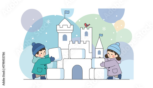 Children building a fun winter snow fort together in a whimsical illustration, a joyful seasonal moment for kids
