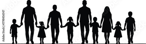 Family walking silhouette, parents with child, black and white art, unity in motion, caregiving bond, togetherness concept, generational connection, stylized trio