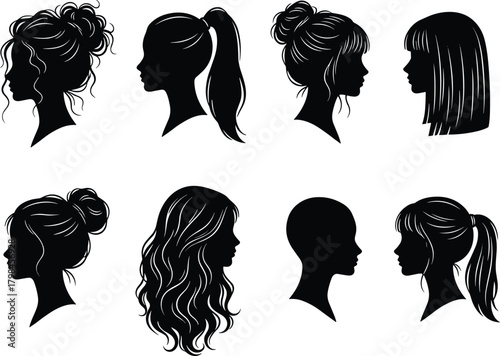 Female hairstyle silhouette collection, elegant woman head profiles, ponytail, bun, long hair, bangs, beauty fashion vector illustration set