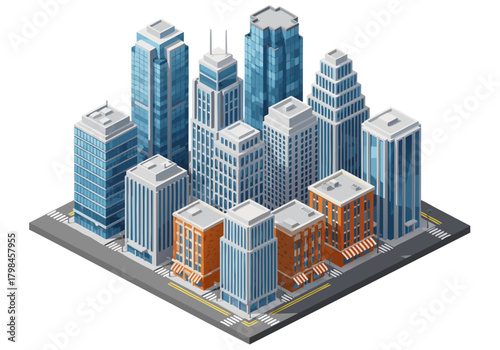 Isometric city block with modern skyscrapers and office buildings. Vector illustration of an urban business district for design concepts f.eps