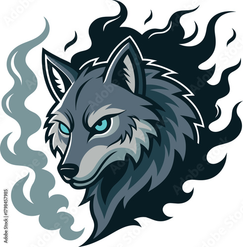 Fierce gray wolf head with captivating blue eyes, an intense illustration embodying untamed spirit and powerful mystique amidst swirling smoke and dark flames