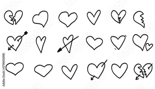 Collection of Simple Black Hand-Drawn Heart Sketches and Doodles