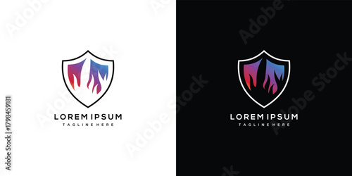 Fire shield logo design template. Shield and fire logo design inspiration for security and fire safety companies.