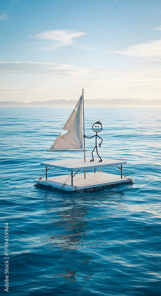 Fototapeta premium Stick figure sailing a small raft on a calm blue ocean, symbolizing adventure, freedom, and new beginnings.