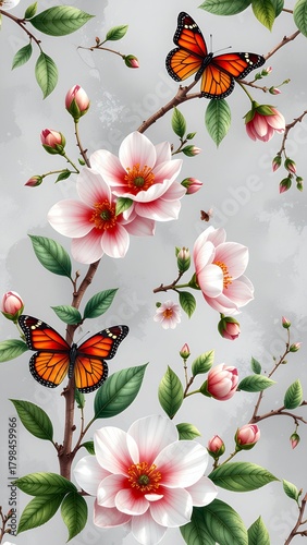 Vibrant Butterflies and Delicate Blossoms on a Serene Grey Background.