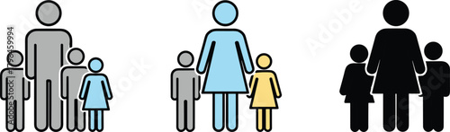 Family icons showing parents with children, colorful and black silhouettes representing parenting, love, care, unity, and family relationship concept