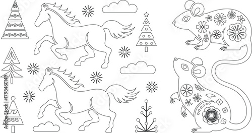 Outlined Horses, Decorated Mice, Christmas Trees, and Clouds on White Background Coloring Page