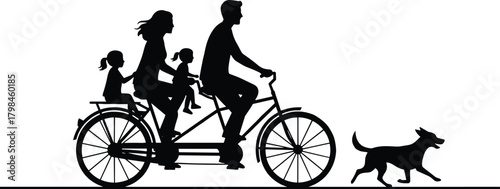 Family tandem bike, outdoor activity, black and white art, parent-child ride, dog running, silhouette scene, bonding moment, recreation, togetherness, motion