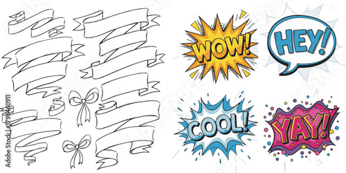 Hand-drawn Banners and Colorful Comic Speech Bubbles Set