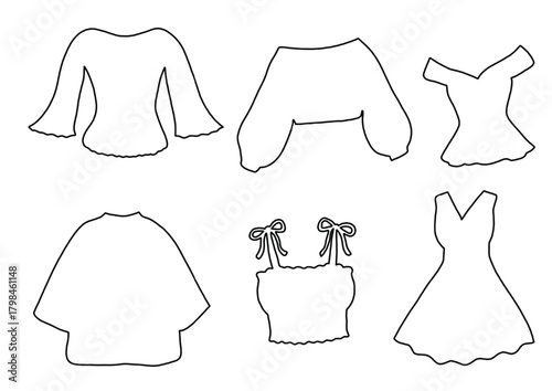 A set of six black vector outlines showing various women's apparel: peasant tops, off-shoulder blouse, tie-strap crop top, and V-neck dress.