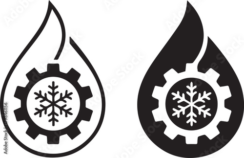 Automotive lubricant oil drop icon with gear and snowflake, isolated vector symbol for cold weather protection