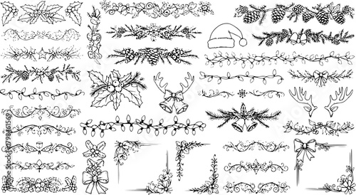 Hand-drawn Christmas Borders, Dividers, Frames, and Decorative Elements Collection in Sketch Style with Holly, Pinecones, Bells, Santa Hat, and String Lights