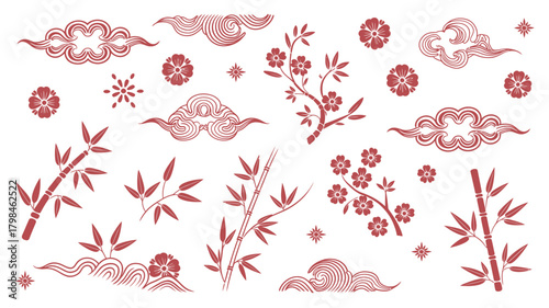 Red AsianStyle Bamboo, Flowers, Stars, and Clouds on a White Background Pattern