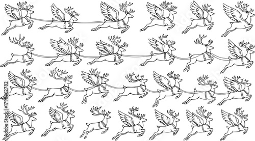 Seamless Christmas Pattern: Vector line art drawing of flying and running reindeer team, harnessed winged Pegasus deer background for coloring books or wrapping paper.