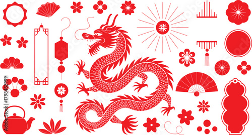 Red Chinese Dragon with Flowers, Teapot, and Fans on White Background, Oriental Design Elements