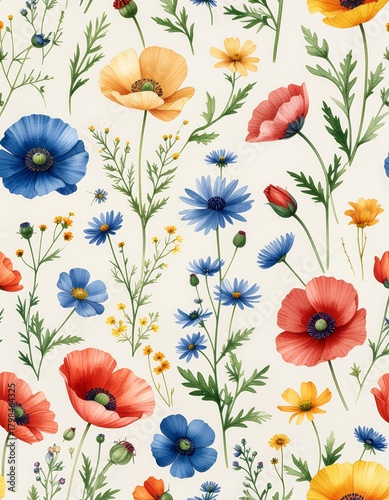 Vibrant Watercolor Wildflower Meadow Seamless Pattern.