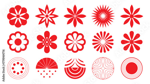 Red Flower and Circle Designs Collection of Fifteen Elegant Floral and Geometric Patterns