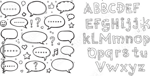 Hand-drawn Doodle Alphabet and Speech Bubbles Vector Design Elements