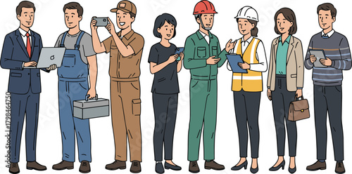 Diverse group of professionals standing together, business people and workers in different occupations, teamwork, collaboration, and career diversity illustration