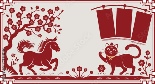 Red Ink Illustration Featuring Horse, Plum Blossom Tree, Maneki Neko, and Hanging Flags