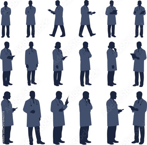 Doctor silhouette set, medical professionals standing and consulting, healthcare worker vector illustration, hospital staff communication, physician poses and stethoscope icons