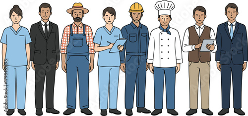 Diverse professional people illustration, different occupations characters, doctor nurse engineer chef businessman farmer, teamwork concept, workplace diversity vector design