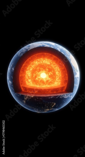 Detailed cross section showing the internal layers of the planet, including the hot inner core and the thin crust, illustration, theory, structural