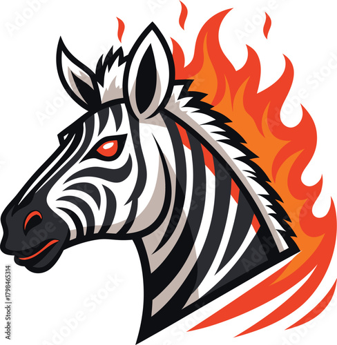Vibrant vector artwork featuring a powerful zebra head with a flaming mane, showcasing strength and energy