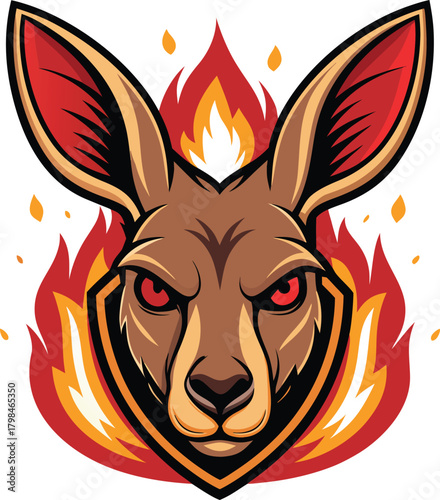 Fiery kangaroo mascot emblem radiating intense power and determination, featuring a fierce gaze within a vibrant flaming shield design