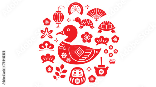 Red Japanese New Year Icons Featuring Duck, Turtle, Daruma Doll, Fan, and Plum Blossoms
