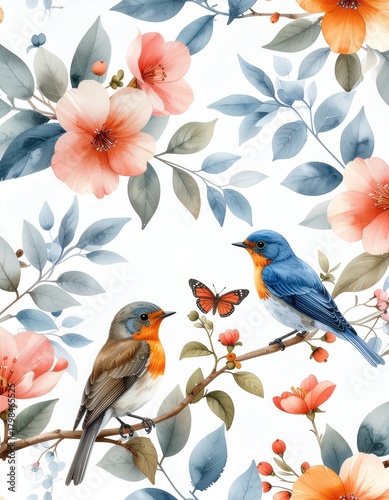 Watercolor Birds and Flowers Springtime Serenity.