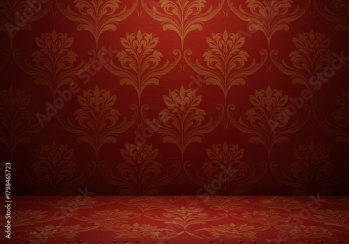 Luxurious vintage red damask wallpaper background featuring detailed shimmering gold floral elements and classical woven texture, wallpaper, rich, damask