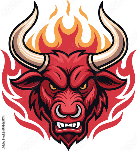 Dynamic illustration of a fierce charging bull head, embodying strength and aggressive determination with vibrant flame elements