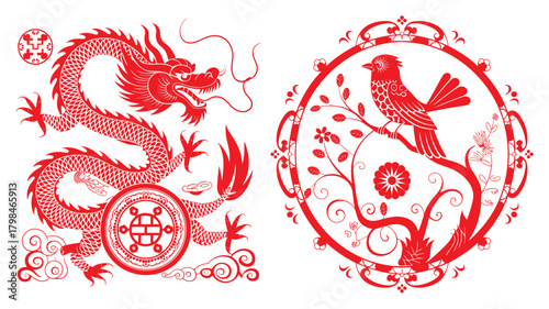 Red Oriental Dragon and Bird Design Traditional Chinese Paper Cut Illustration