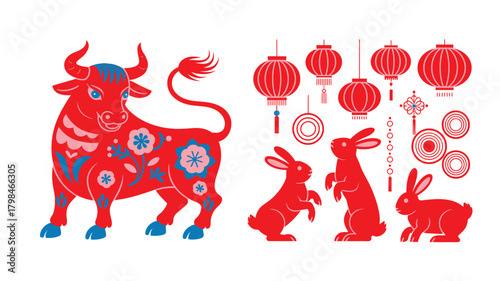 Red Ornamental Ox, Lanterns, and Rabbits Chinese New Year Decoration Illustration on White Background