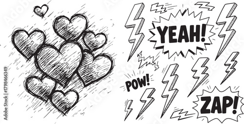 Comic Style Hand Drawn Doodle Collection of Hearts, Lightning, and Bursts
