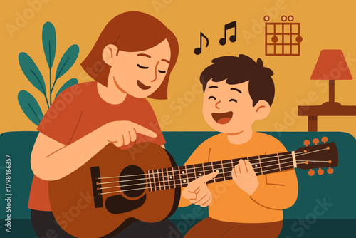 Big Sister Teaching Guitar Chords Flat Vector Illustration